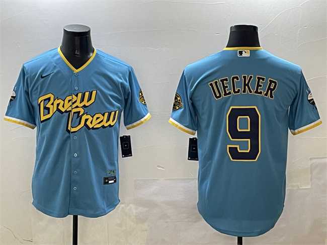 Men's Milwaukee Brewers #9 Bob Uecker Powder Blue City Connect With Patch Cool Base Stitched Jersey,We sell and wholesale Men's Milwaukee Brewers #9 Bob Uecker Powder Blue City Connect With Patch Cool Base Stitched Jersey on line form chian!